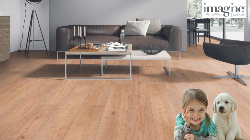 Pet Friendly Flooring Blog Banner - little girl and dog laying on floor in lounge room